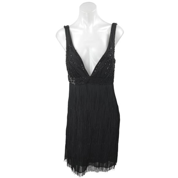 Marina Black Sequin Sleeveless Deep V-Neck Fringe Tank Sheath Mini Dress Size 10 - Picture 1 of 4